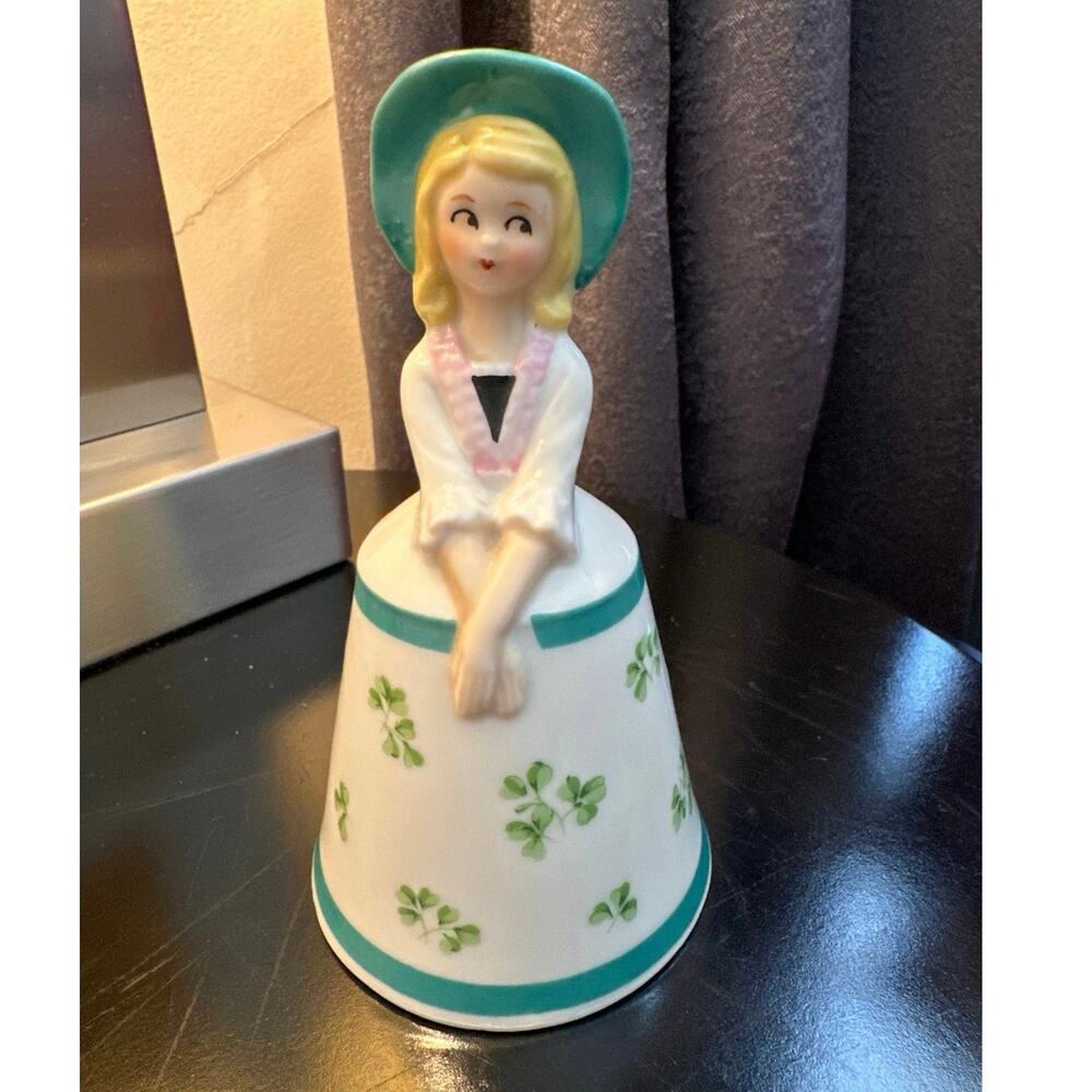 * Vintage Porcelain Bell Girl Figurine Shamrock  Design Decorative 5.5”